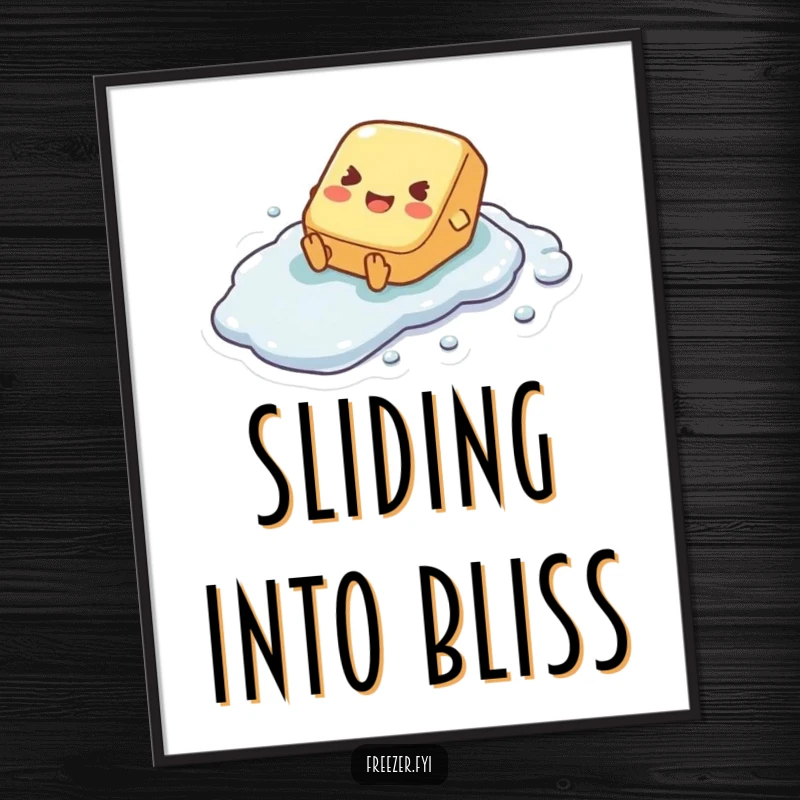 Funny poster featuring a tiny butter pat character joyfully sliding down a smooth, frosty surface, capturing pure bliss.