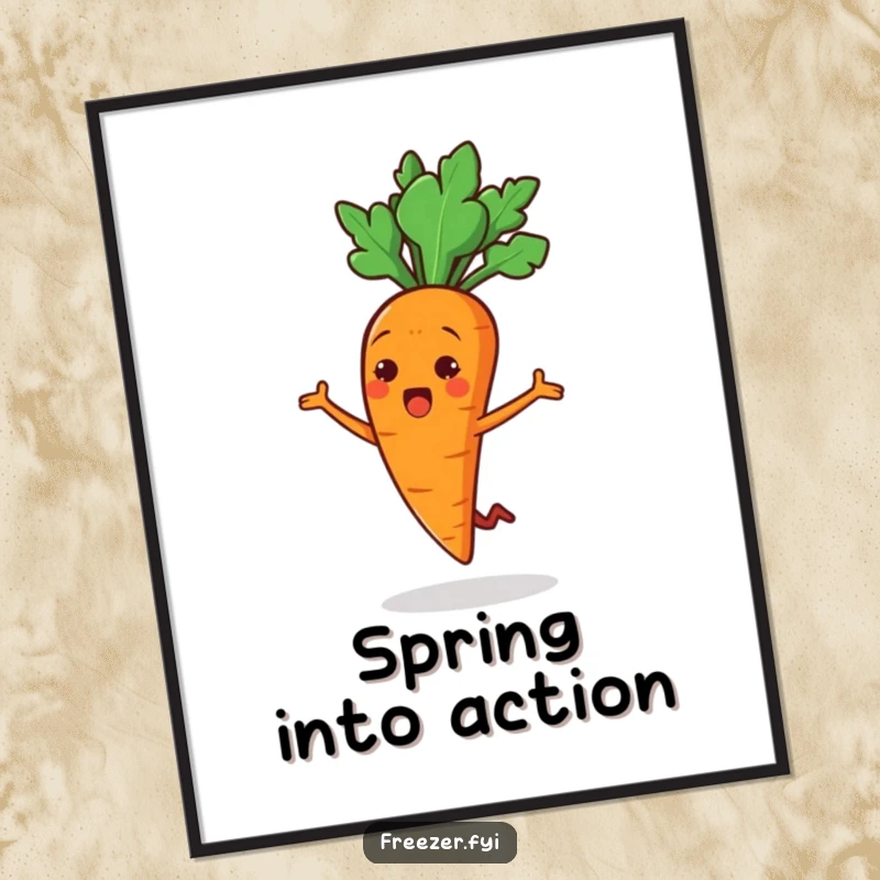 Funny poster featuring a cheerful carrot stick character in a surprised jump, bringing energetic and humorous wall art to life.