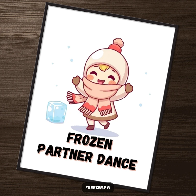 Funny poster art of a character in a scarf happily dancing with a shivering ice cube, symbolizing warmth, friendship, and winter cheer.