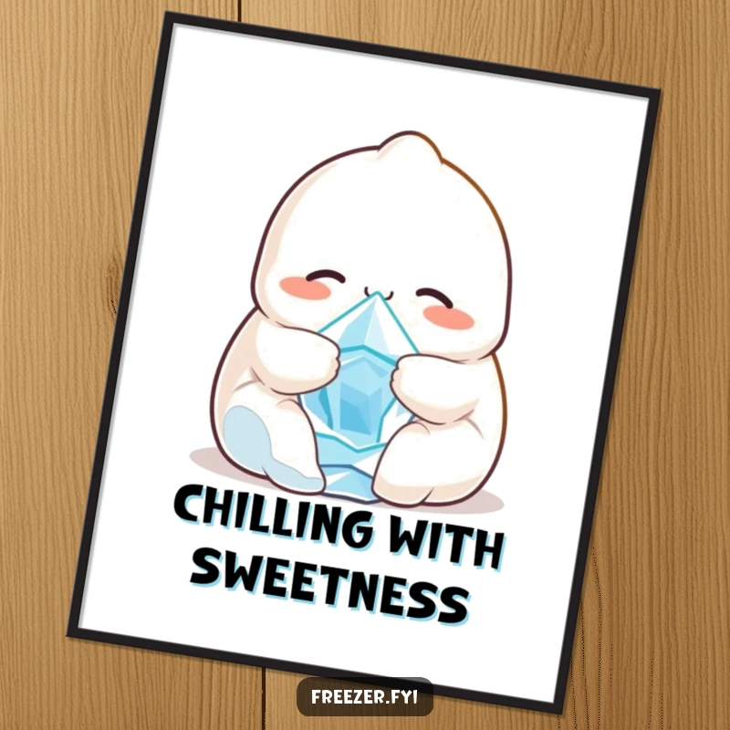 Funny poster featuring a smiling dumpling character hugging a tiny, shivering ice crystal, bringing cozy and humorous wall art.