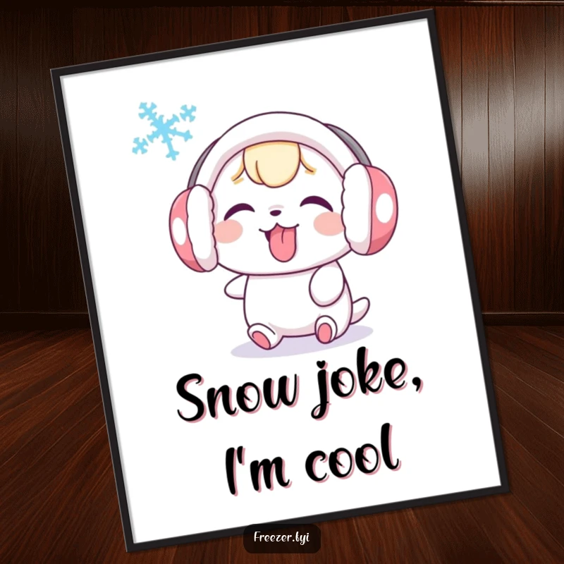 Funny poster art of a cute character wearing earmuffs, playfully sticking its tongue out at a swirling snowflake, adding humor to any wall.