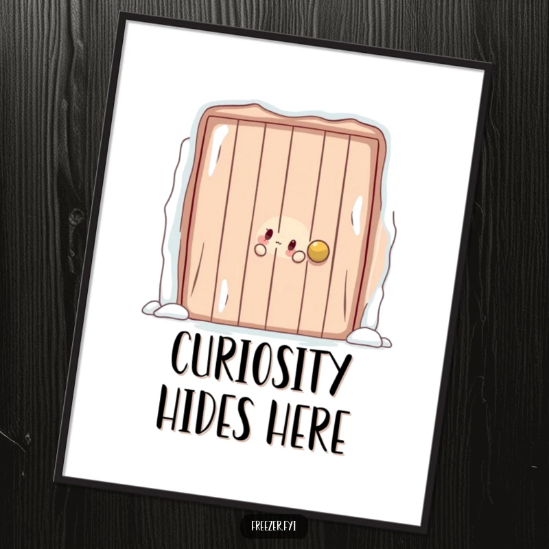 Funny poster showing a character playfully peeking out from behind a large, frosty door, capturing a moment of whimsical mystery.