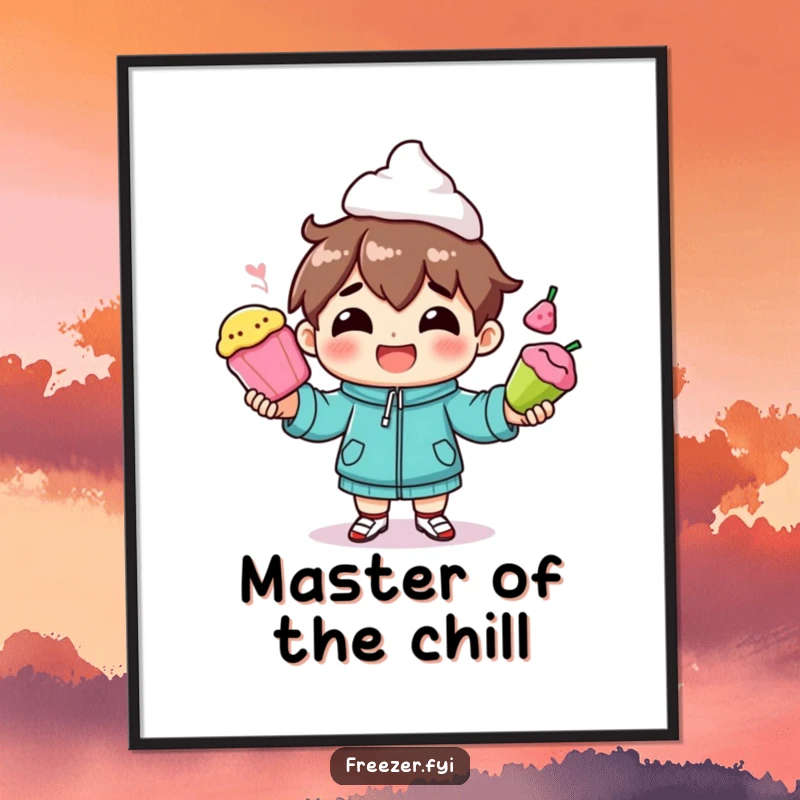 Funny poster showing a character smiling while juggling colorful frozen foods, adding playful humor to any room.