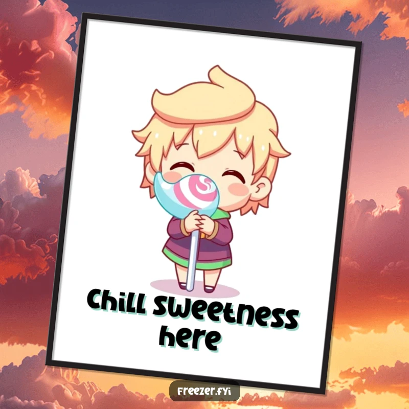 Funny poster print of a character joyfully spinning a frozen lollipop stick, creating a humorous and sweet-themed visual for decor.