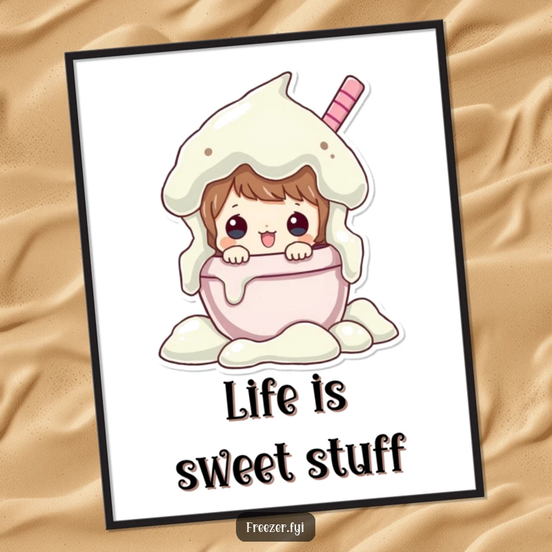 Funny poster of a character peeking from an overflowing ice cream tub, bringing a sweet and humorous dessert scene to your walls.