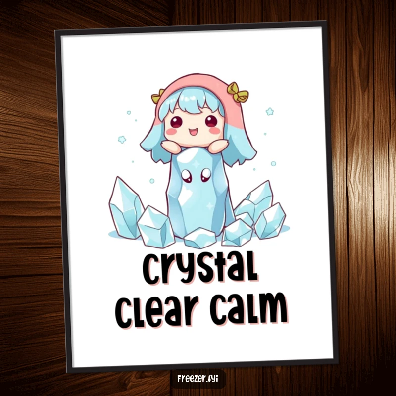 Funny poster of a character happily floating amidst sparkling ice crystals, capturing a serene winter moment.