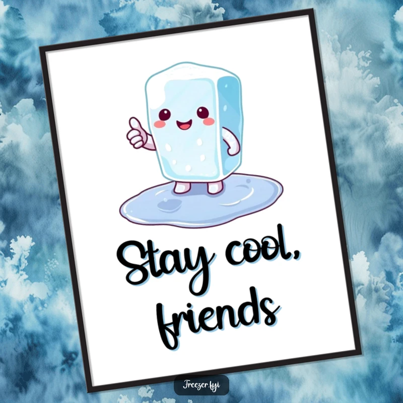 Funny ice cube poster with a small, happy ice cube character giving a thumbs up from a tiny puddle, exuding cool positivity.