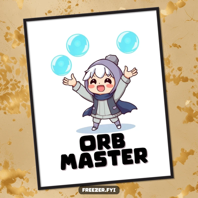 Funny poster featuring an excited character juggling three glowing ice orbs, adding a touch of dazzling, humorous winter magic to any room.