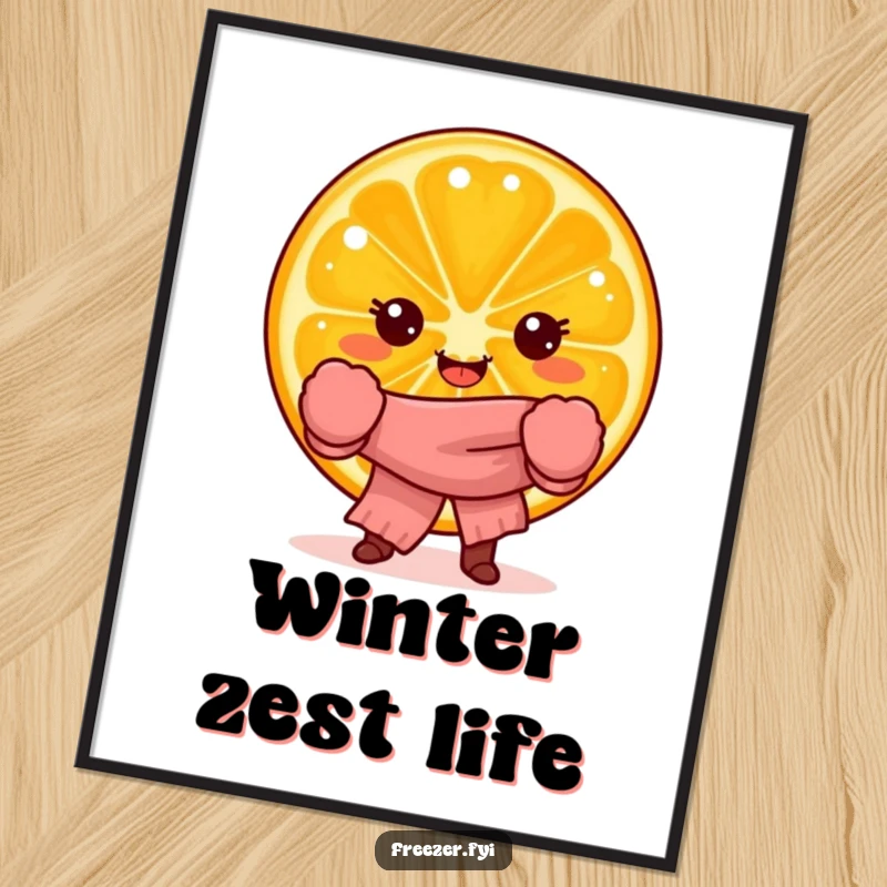 Funny poster featuring a joyful orange slice character wearing mittens and scarf, adding cozy citrus charm to walls.