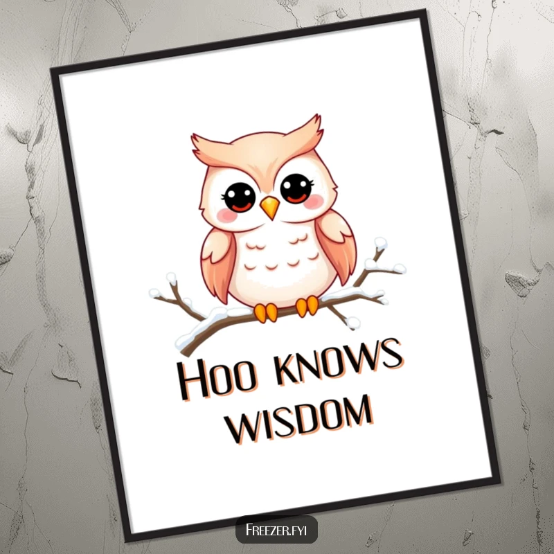 Funny owl poster featuring a charming owl smiling on a snowy branch, adding whimsical and humorous wall decor.