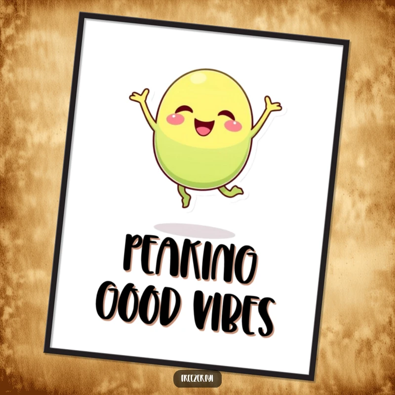 Funny pea pod poster print of a cheerful character joyfully performing a silly, exaggerated jump, full of life.