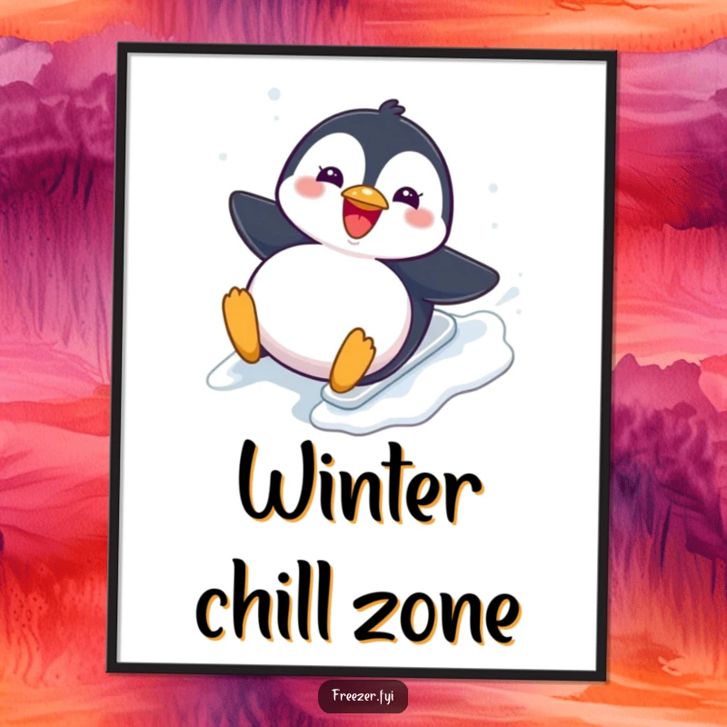 Funny Poster: A vibrant depiction of a chubby penguin gleefully sliding down an icy slope, bringing a humorous winter scene to life.