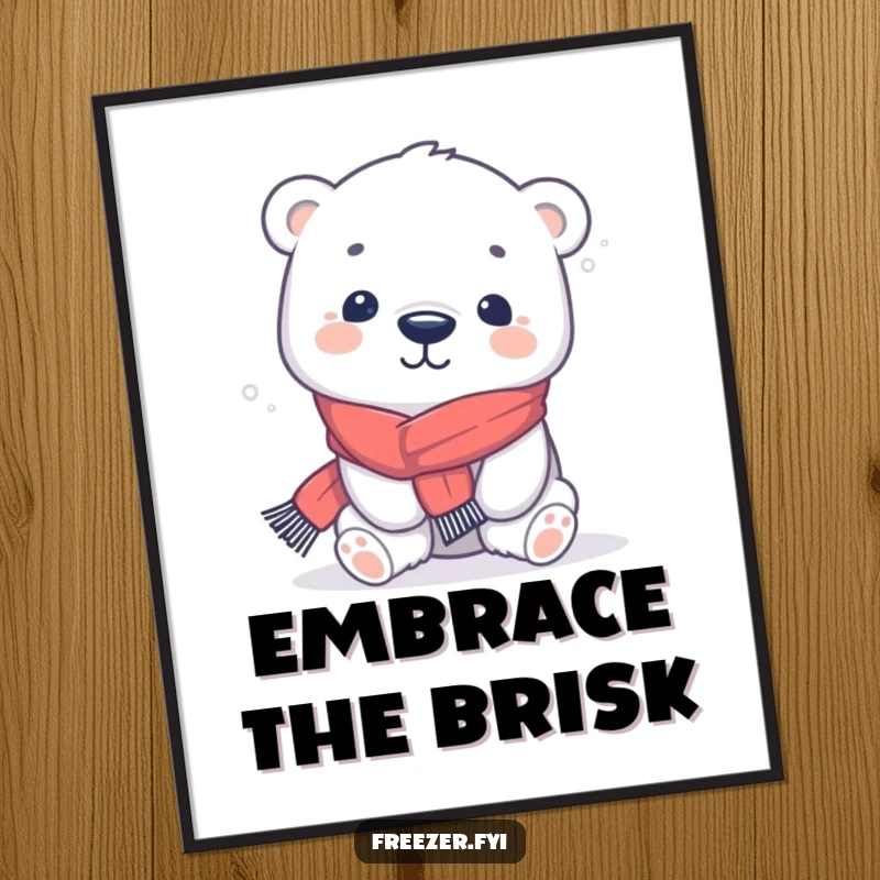Funny polar bear poster featuring a kawaii character in a tiny scarf, playfully shivering, adding cute winter charm to decor.