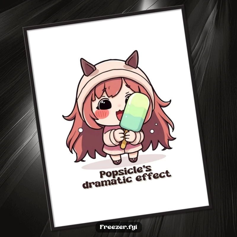 Funny poster art of a character with rosy cheeks shivering dramatically while holding a small popsicle, capturing humorous cold weather moments.