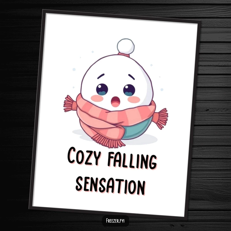 Funny poster of a surprised snowball character tumbling headfirst into a cozy scarf, bringing whimsical winter art home.