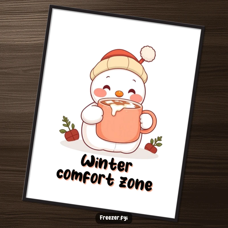 Funny poster of a content snowman character happily sipping hot cocoa from a large mug, bringing whimsical winter art home.