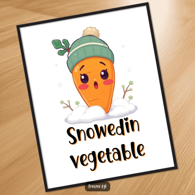 Funny surprised carrot poster with a carrot wearing a tiny winter hat, shivering in snow, whimsical winter art print gift.