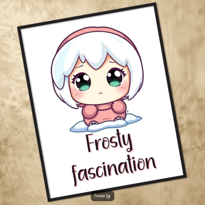 Funny poster featuring a character with wide, astonished eyes fixated on a luminous, glowing icicle, embodying winter's magic.