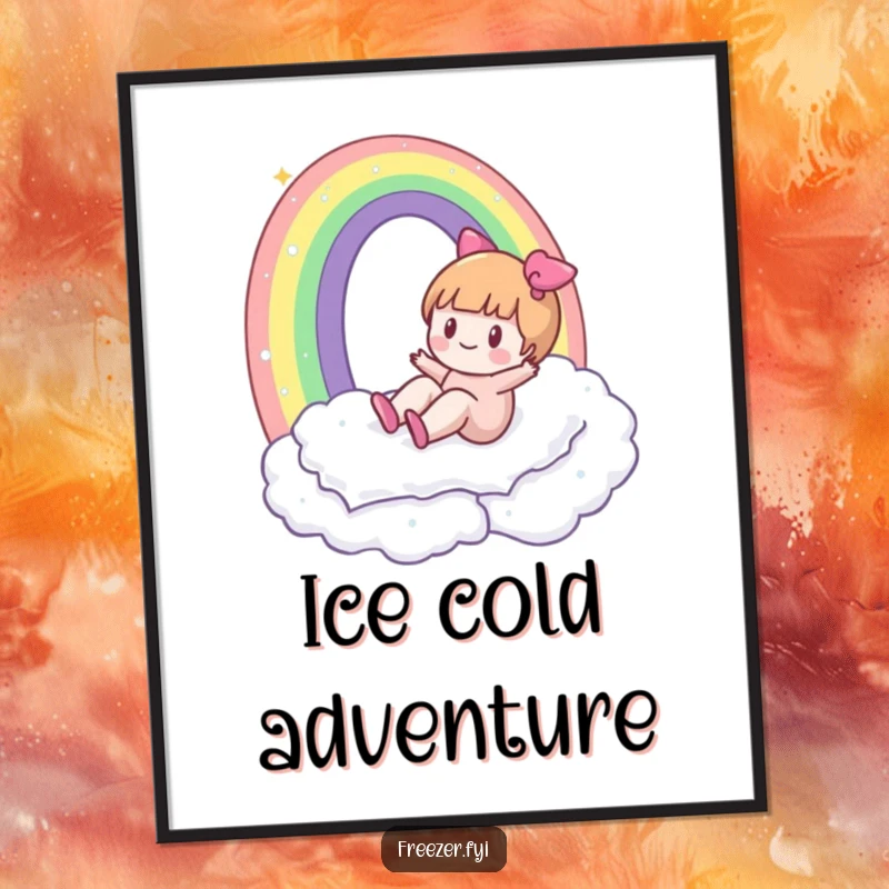 Funny poster featuring a character happily sliding down a rainbow made of frost, bringing magical winter vibes.
