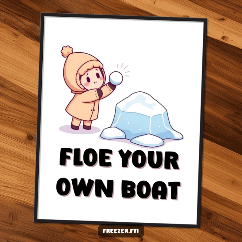 Funny poster depicting a character playfully throwing a snowball at a curious, floating ice floe, adding a humorous winter vibe.