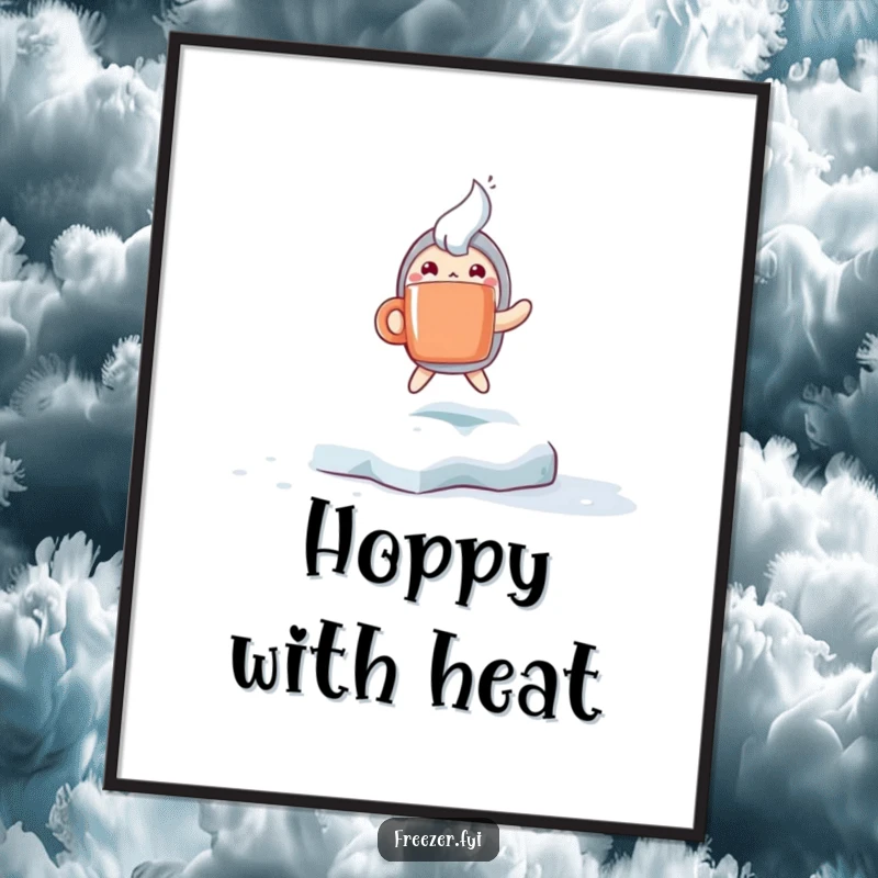 Funny poster featuring a character with a steaming mug hopping excitedly on a frosty surface, radiating winter happiness and warmth.