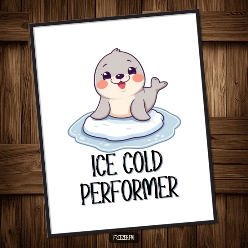 Funny seal character in motion, sliding gleefully on a frosty surface, huge grin, displayed as a humorous poster.