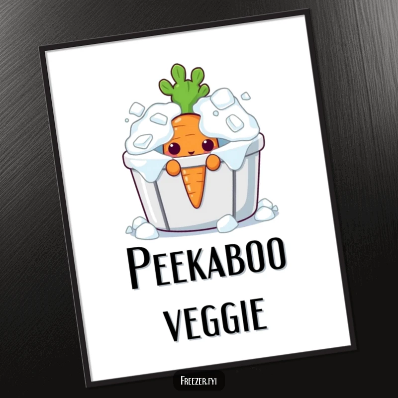 Funny curious carrot character peeking from an overflowing ice bin, displayed as quirky wall art.