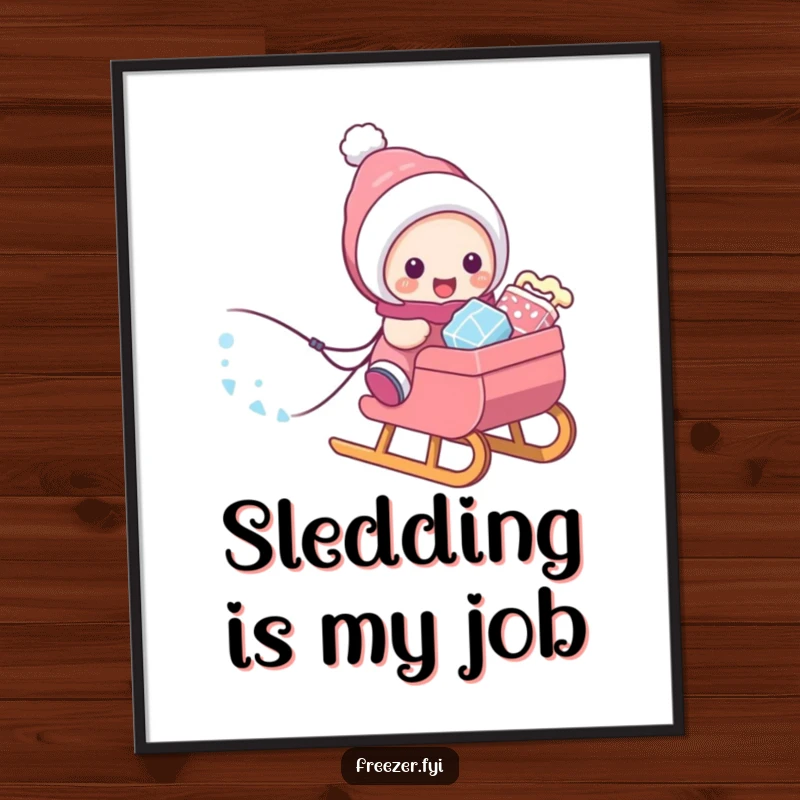 Funny poster showing a character excitedly pulling a sled loaded with frosty treats, capturing the essence of winter's cold delights.