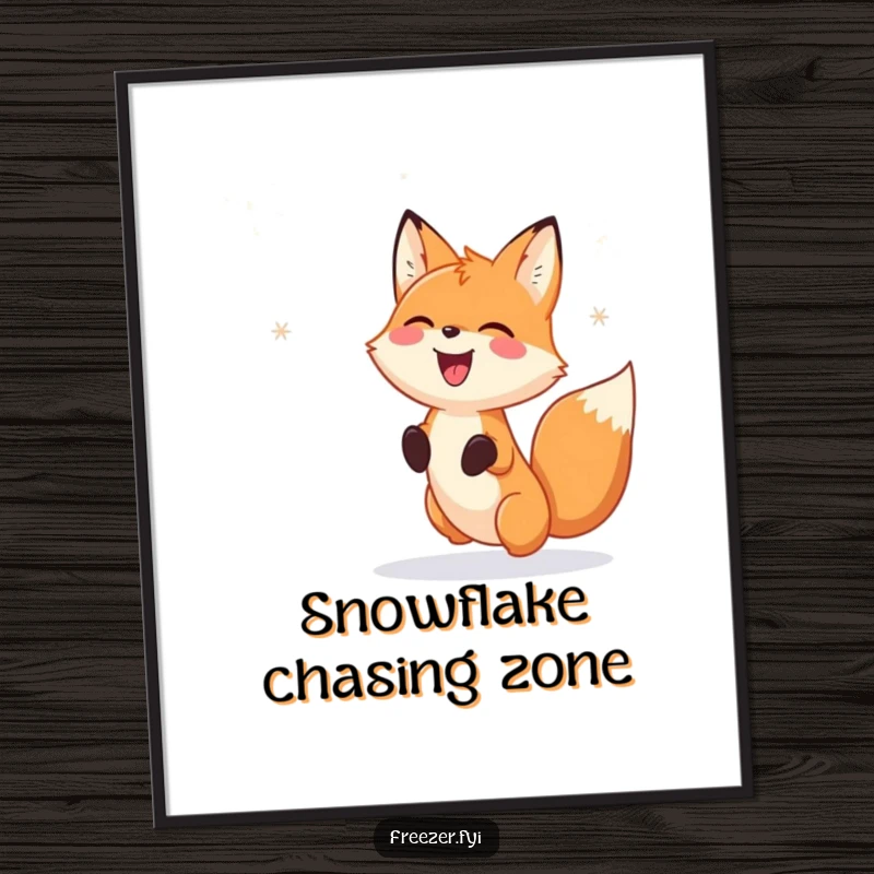 Funny Poster: A vibrant depiction of a happy fox playfully chasing falling snowflake patterns, bringing a humorous winter scene to life.