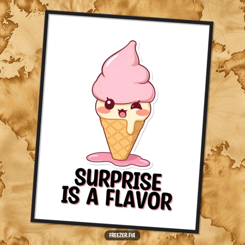 Funny ice cream cone poster featuring a cute, bewildered character melting slightly with surprise, adding sweet charm to decor.