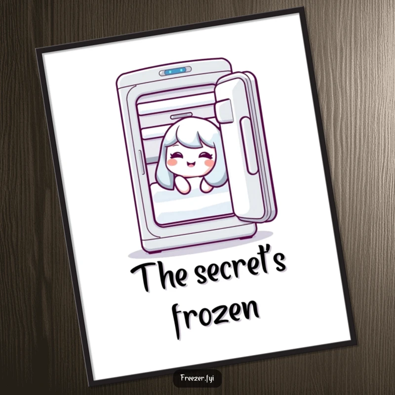 Funny poster depicting a character giggling inside an open freezer, adding playful humor to any room.