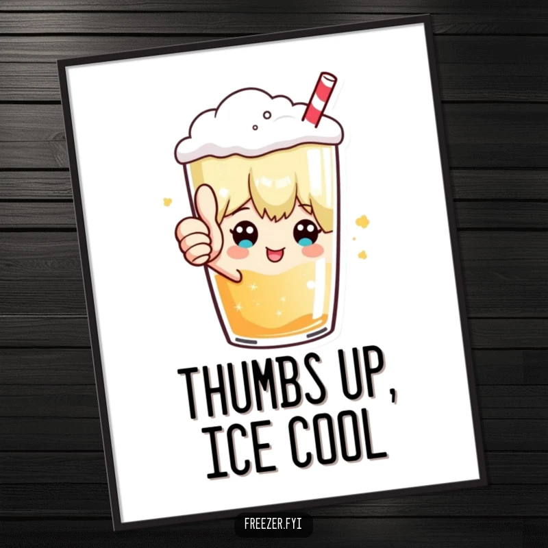 Funny poster print of a character giving a thumbs up from inside a frosty beverage, symbolizing approval and celebration in a humorous way.
