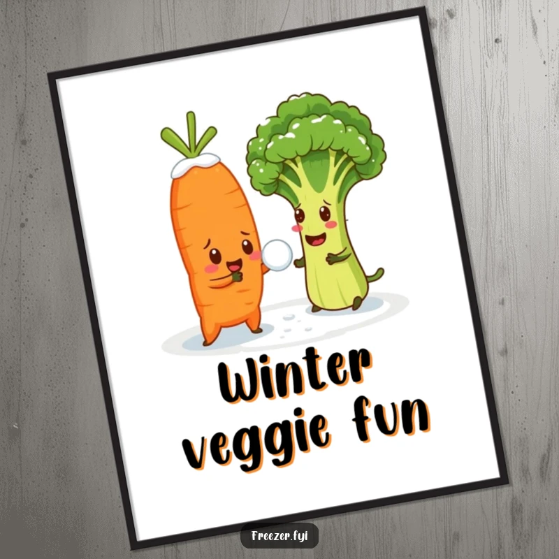 Funny poster of a cheerful carrot battling a bewildered broccoli floret in a tiny snowball fight, whimsical wall decor.
