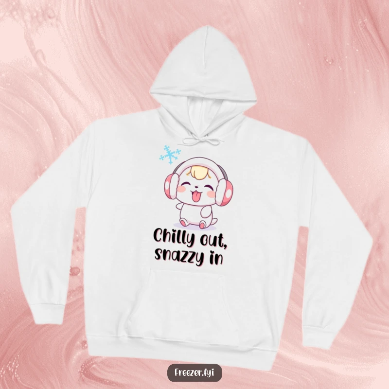 Funny hoodie with a cute character in earmuffs playfully taunting a swirling snowflake, embodying cozy and humorous winter vibes.