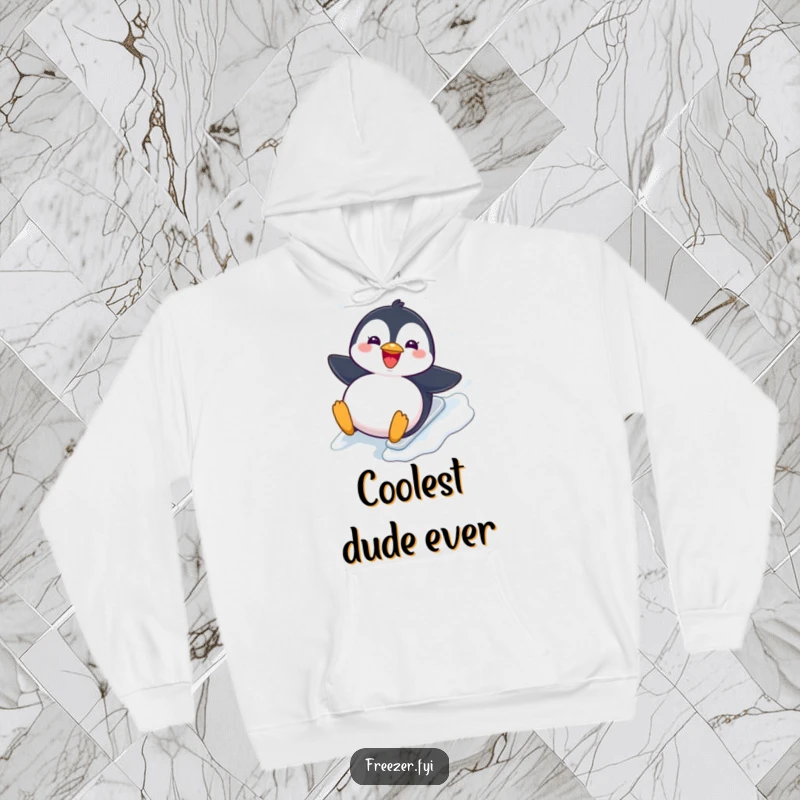 Funny Hoodie: A comfortable hoodie featuring a chubby penguin joyfully sliding down an icy slope, radiating warmth and winter cheer.