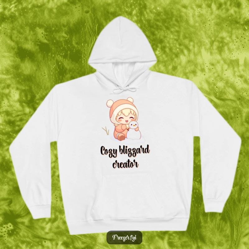Funny hoodie featuring a character gleefully building a tiny snowman inside, offering warm comfort and humorous winter vibes.
