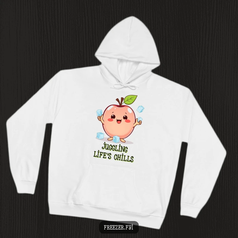 Funny hoodie depicting a proud apple character juggling ice cubes, offering warmth and a humorous display of skill.