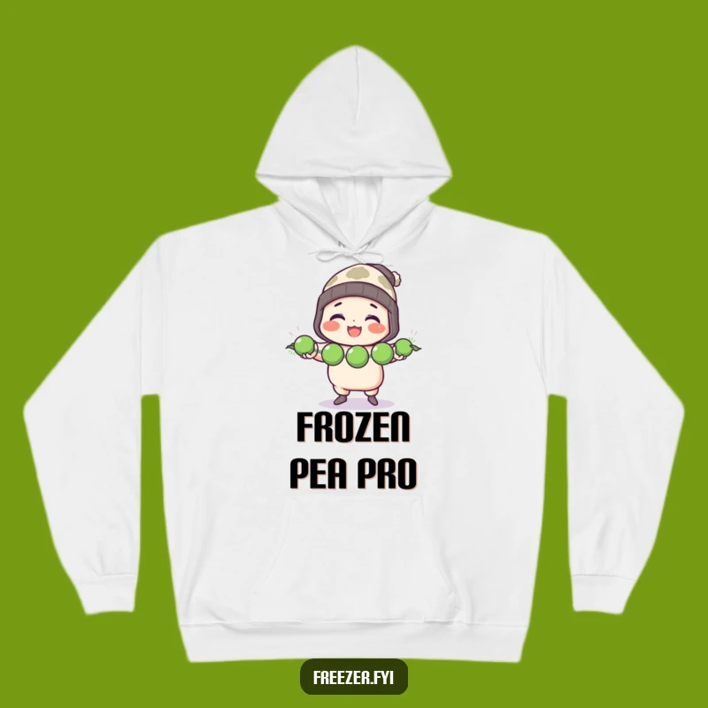 Cozy Funny Chef Hoodie: Character Juggles Frozen Peas with Toque