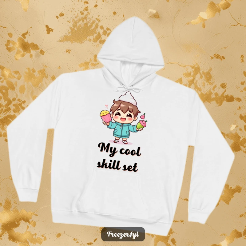 Funny hoodie depicting a character smiling while juggling frozen foods, perfect for a humorous and warm gift.