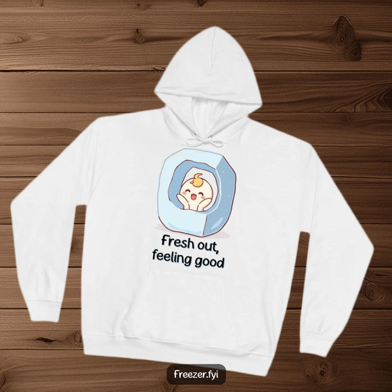 Funny hoodie with a character bursting out of a giant ice cube with a surprised, joyful expression, perfect for cozy, humorous warmth.