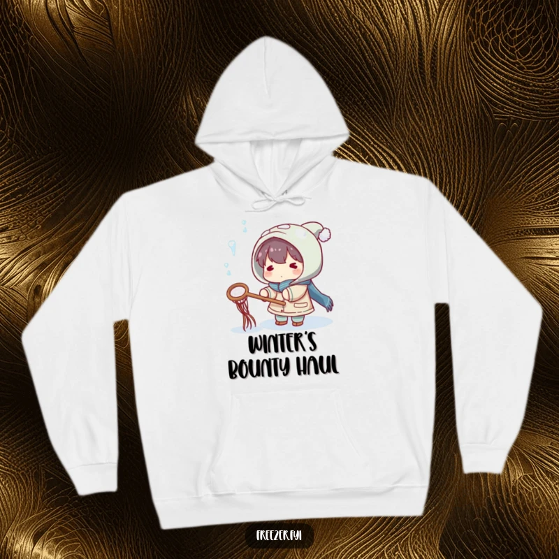 Funny hoodie with a character playfully trying to catch falling icicles with a small net, perfect for staying warm and amused.