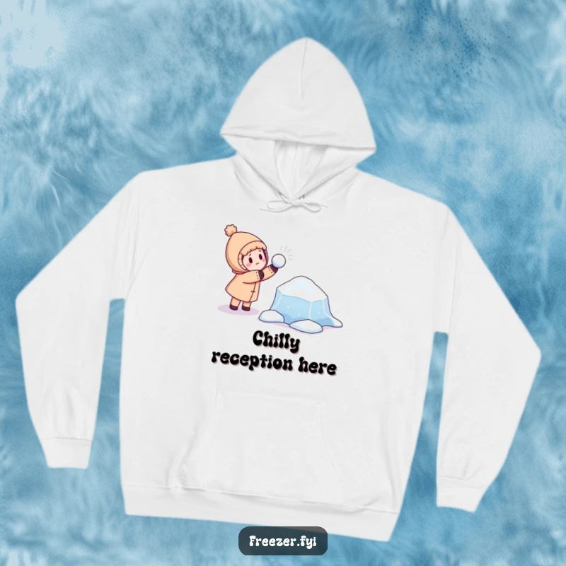 Funny hoodie featuring a character playfully throwing a snowball at a curious, floating ice floe, perfect for staying warm and amused.