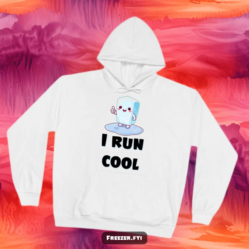 Funny ice cube hoodie with a happy cartoon ice cube character giving a thumbs up in a tiny puddle, for cozy laughs.