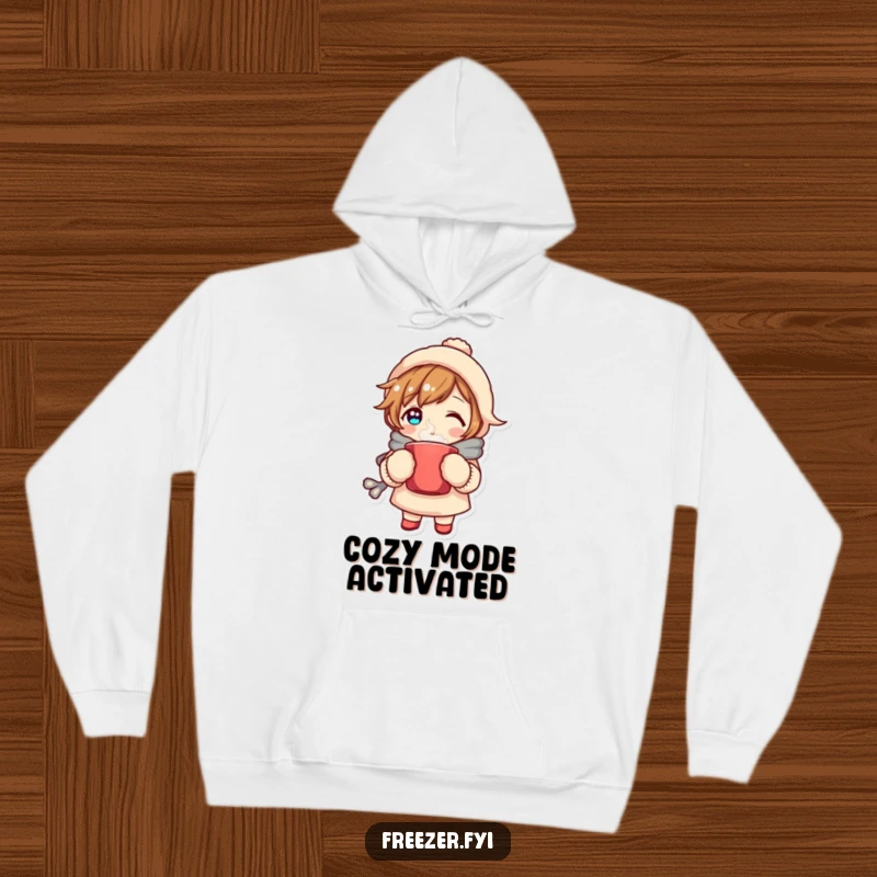 Funny hoodie showcasing a character wearing mittens and holding a steaming mug, radiating supreme cozy vibes and ultimate winter comfort.