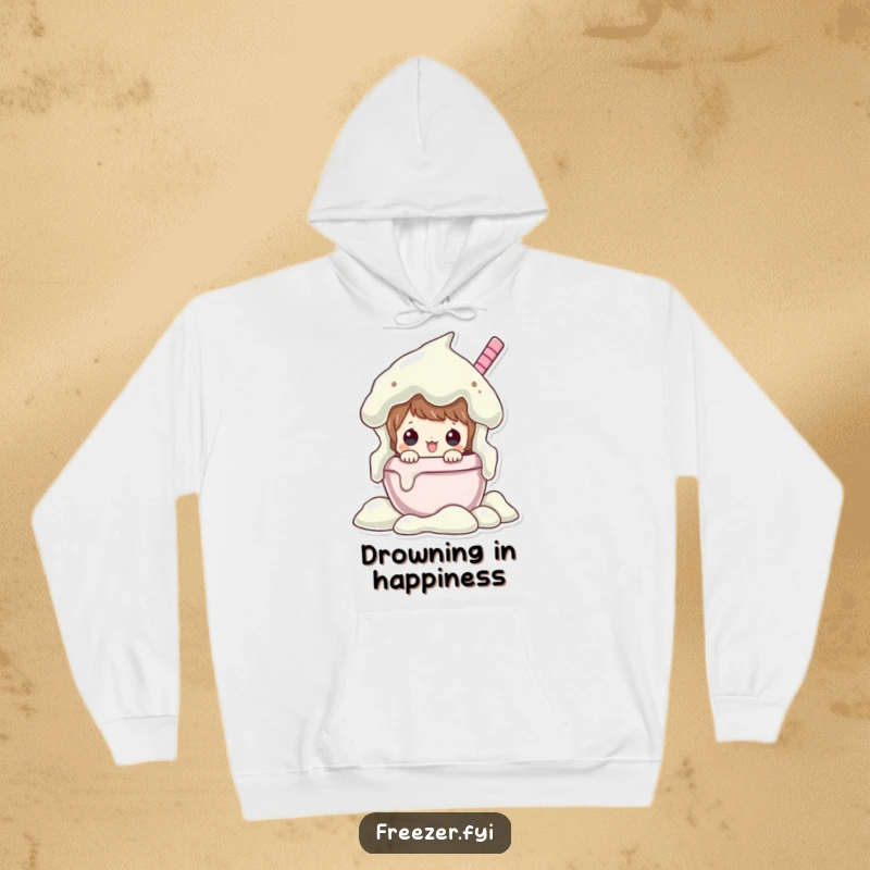 Funny hoodie featuring a character peeking from an overflowing ice cream tub, offering warmth and a sweet, humorous dessert theme.