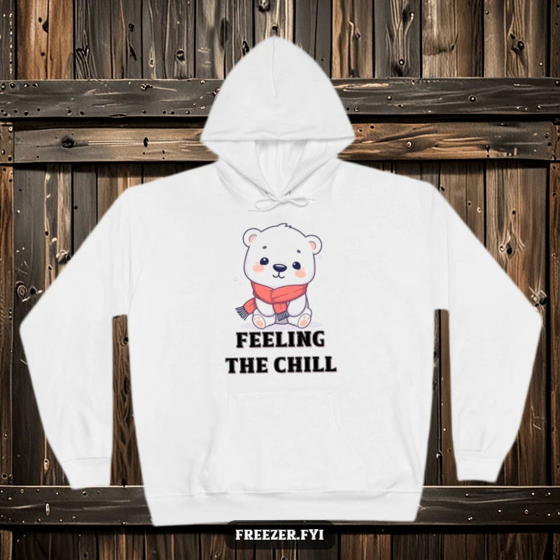 Funny polar bear hoodie featuring a kawaii character in a tiny scarf, playfully shivering, offering warm, humorous comfort.