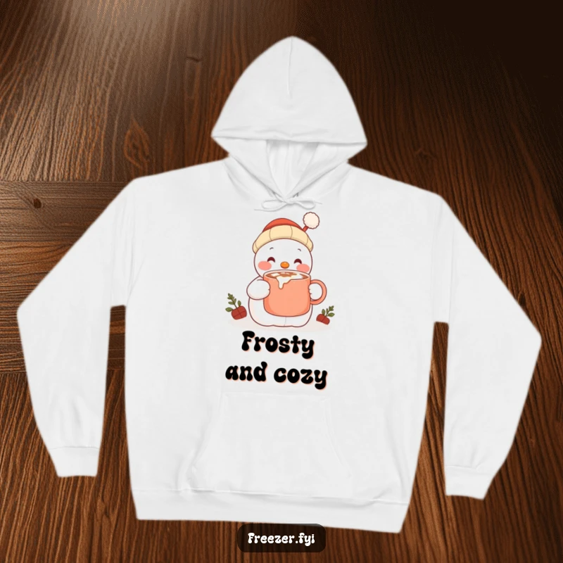 Funny hoodie featuring a content snowman character happily sipping hot cocoa from a large mug, perfect for cozy winter days.