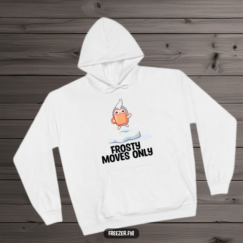 Funny hoodie with a character holding a steaming mug and hopping excitedly on a frosty surface, perfect for keeping warm and amused.