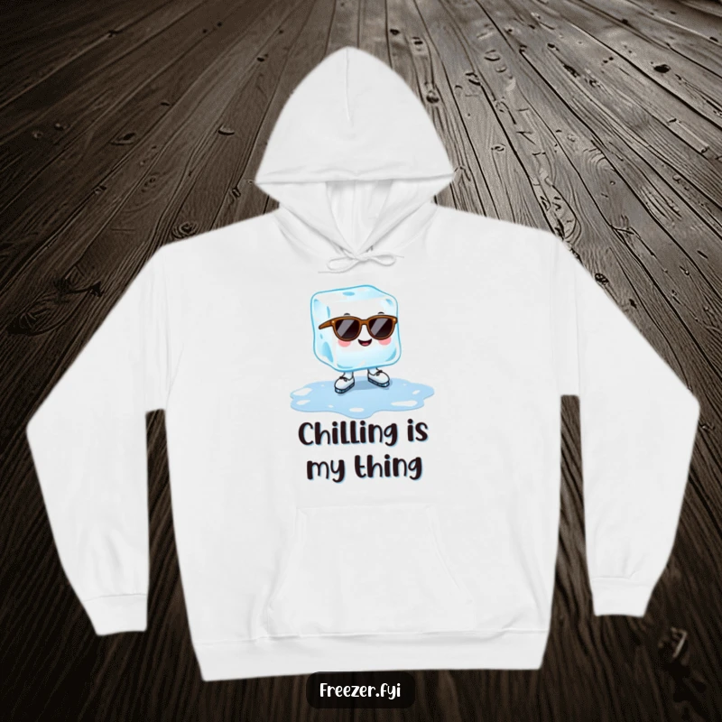 Funny ice cube hoodie with a cheerful ice cube wearing sunglasses, ice-skating on a puddle, cozy cool summer comfort gift.