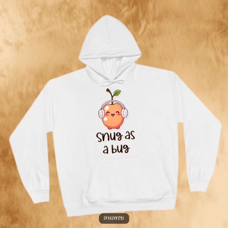 Funny hoodie featuring a tiny cherry character wearing miniature earmuffs, looking pleased, offering warmth and a touch of winter humor.